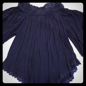 Navy Boho-Chic Top with Lace Trim Size Medium